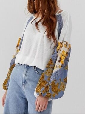 Free People Casual Clash Top Boho Patchwork Sleeve Thermal Cropped S